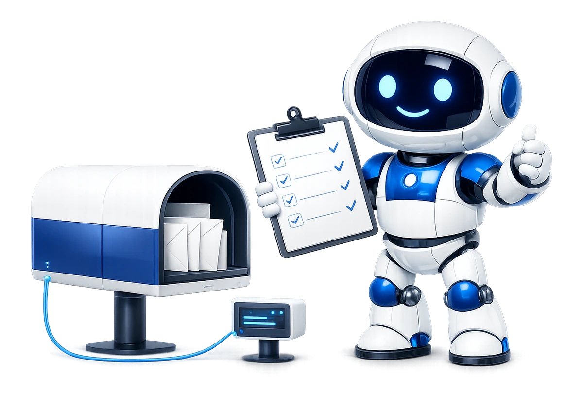 Every claim on this site is checked before it ships: a robot holding up a ticked checklist beside a mailbox full of letters, with a small lit instrument measuring it.