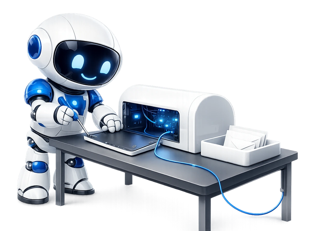 Mailbox MCP is built and maintained by one person: a robot at a workbench with a screwdriver, working on an open mailbox with a lit circuit board inside and a tray of letters beside it.