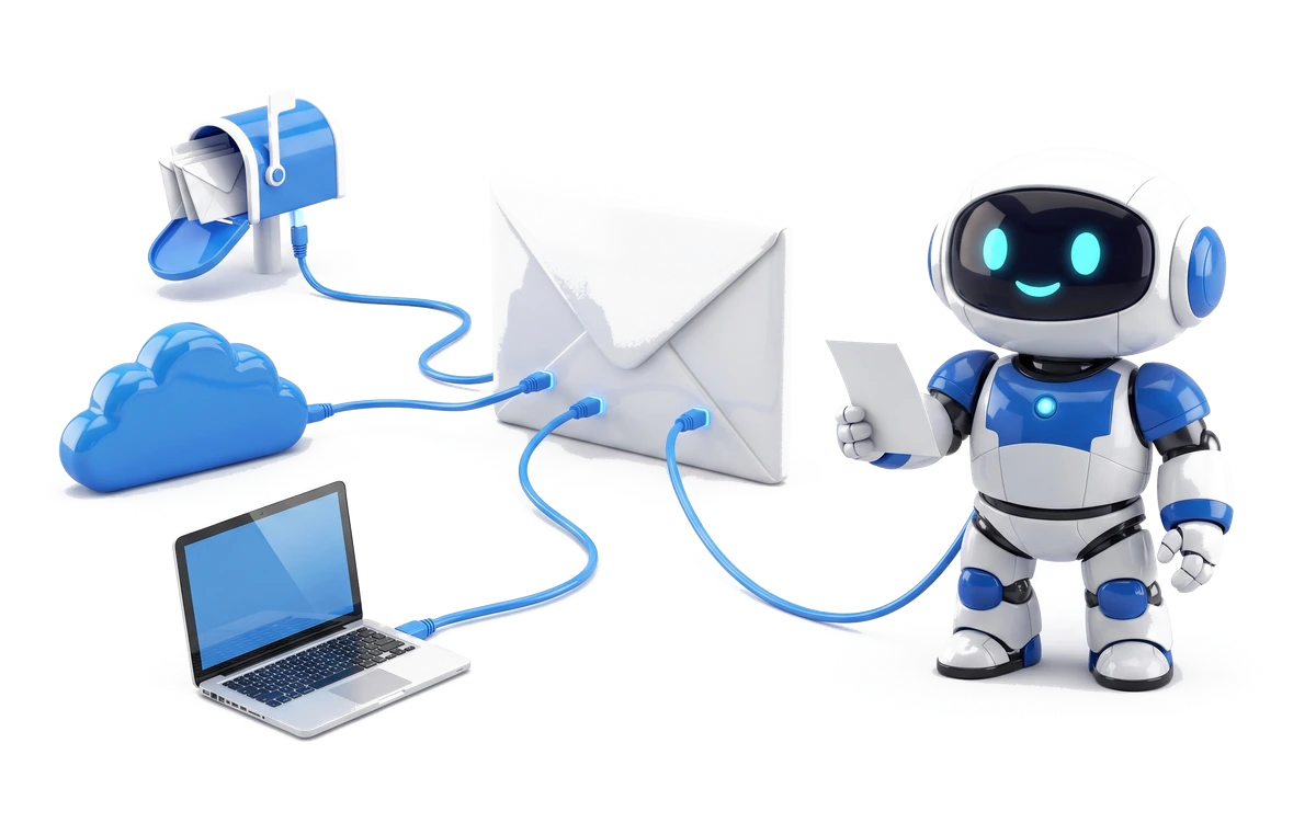 The four ways a file can be attached: from the mailbox itself, from a web address, from your own computer, and one the assistant writes, all arriving at a single message.