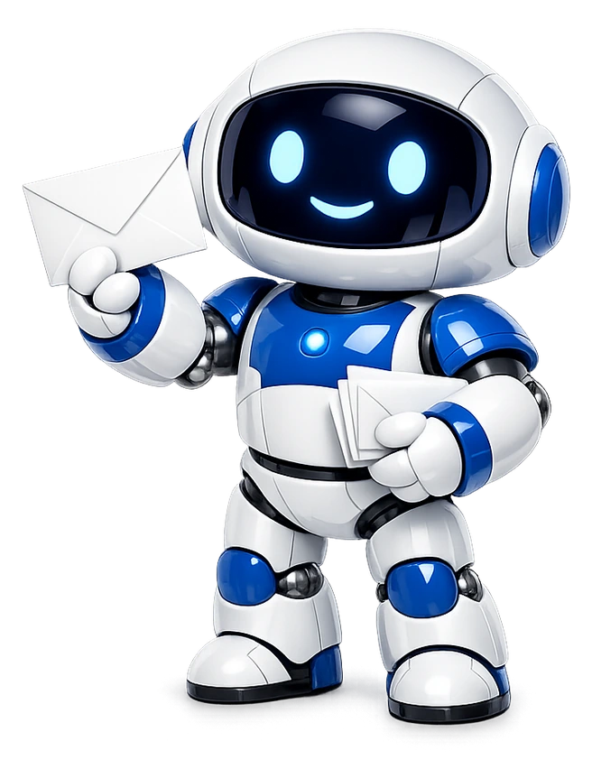 The Mailbox MCP robot holding up a letter, with a small stack of more letters tucked under its other arm.