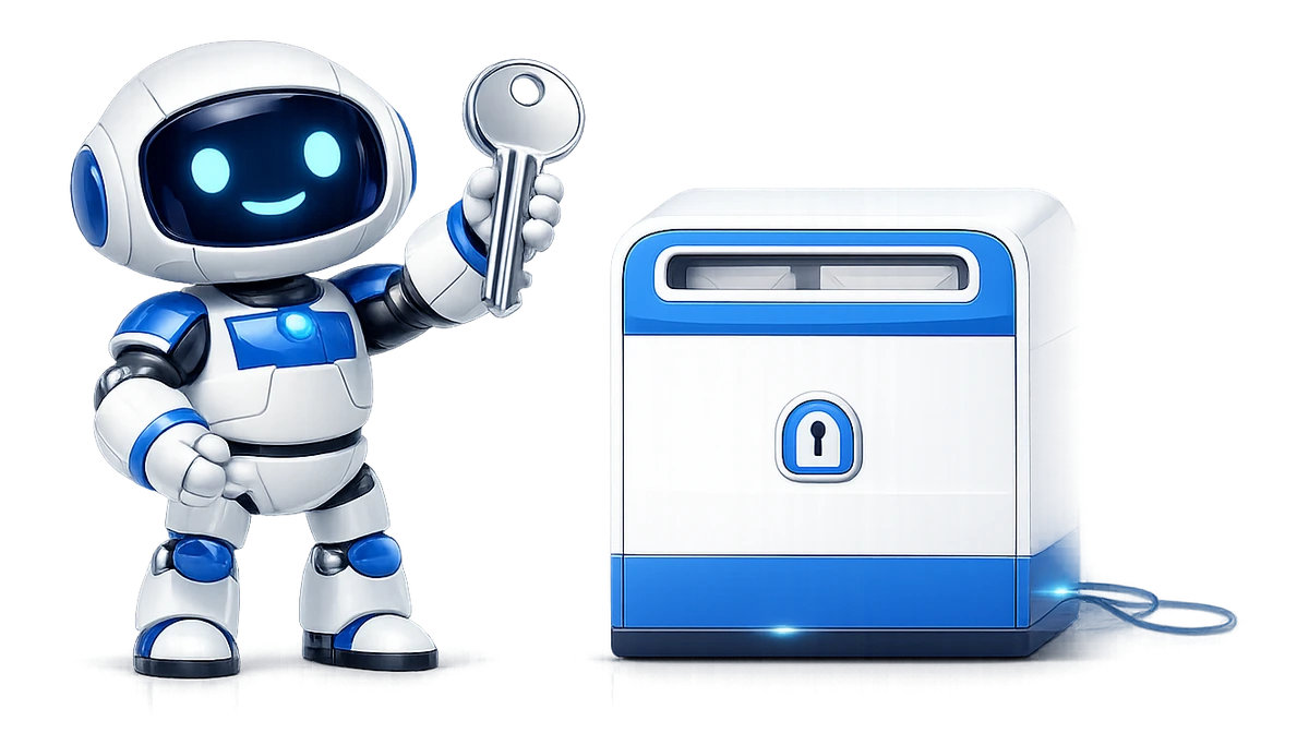 Connecting Gmail to Mailbox MCP with a Google app password: a robot holding up a key beside a mailbox with a keyhole on its front.