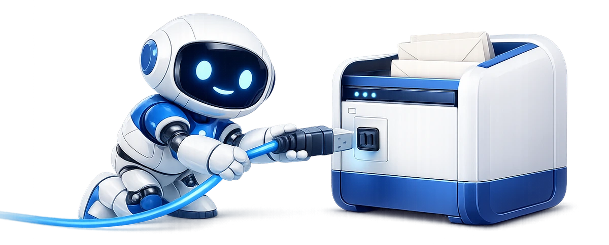 Connecting an IMAP mailbox with host, port and password: a robot pushing a glowing cable into a socket on the side of a mailbox full of letters.