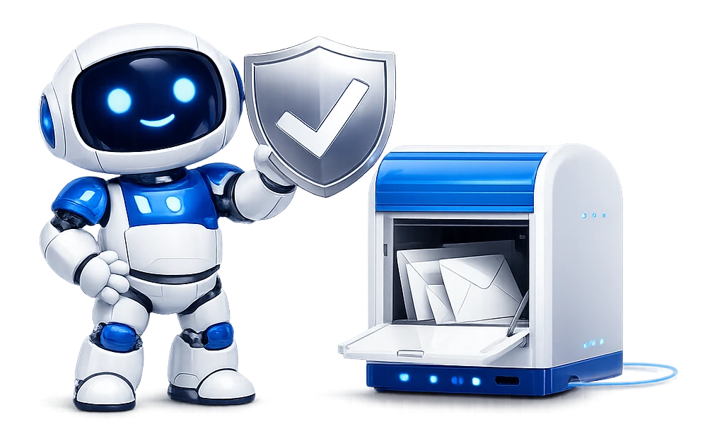 Connecting Microsoft 365 to Mailbox MCP with one Microsoft sign-in: a robot holding up a shield with a tick, beside an open mailbox full of letters.