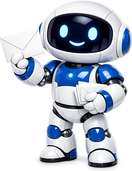 Pip, the Mailbox MCP robot, holding a letter in one hand and a small stack of envelopes in the other