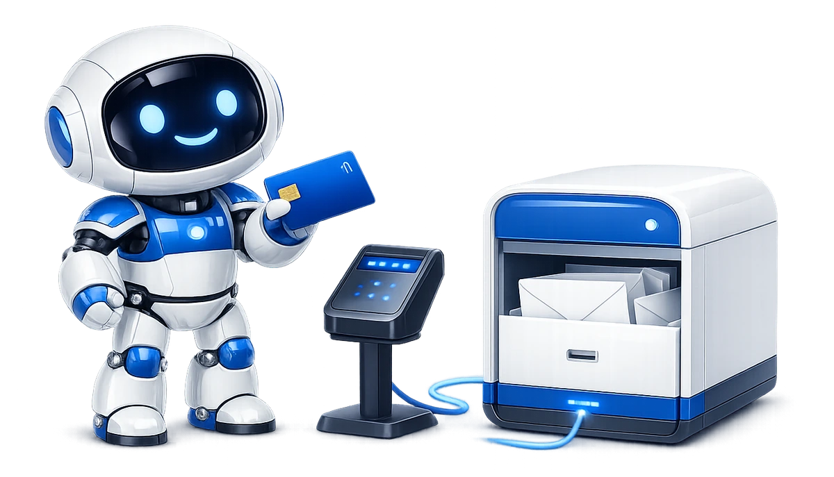 Paying for Mailbox MCP Pro by card, per mailbox per year: the robot tapping a payment card on a reader wired to a mailbox full of letters.