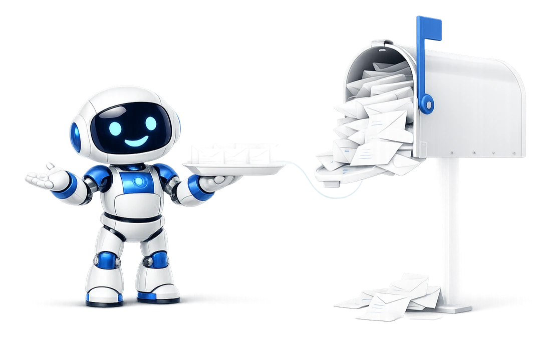 The free allowance of five MCP calls a day: the robot holding a tray of five letters beside a mailbox crammed with post he cannot reach.