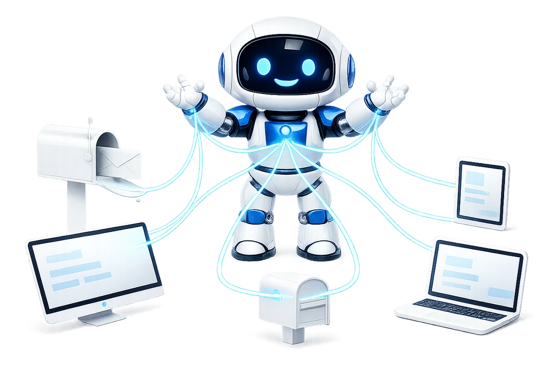 A permission level for each AI client connected to one mailbox: the robot at the centre with lit cables running from him to 2 mailboxes and 3 screens, a monitor, a tablet and a laptop.