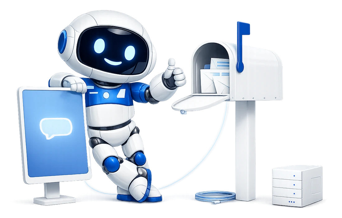An AI that can see your mailbox: the robot leaning on a chat screen with a thumbs-up, a cable running from the screen to an open mailbox full of letters, a coiled cable and a small server box at the mailbox's foot.