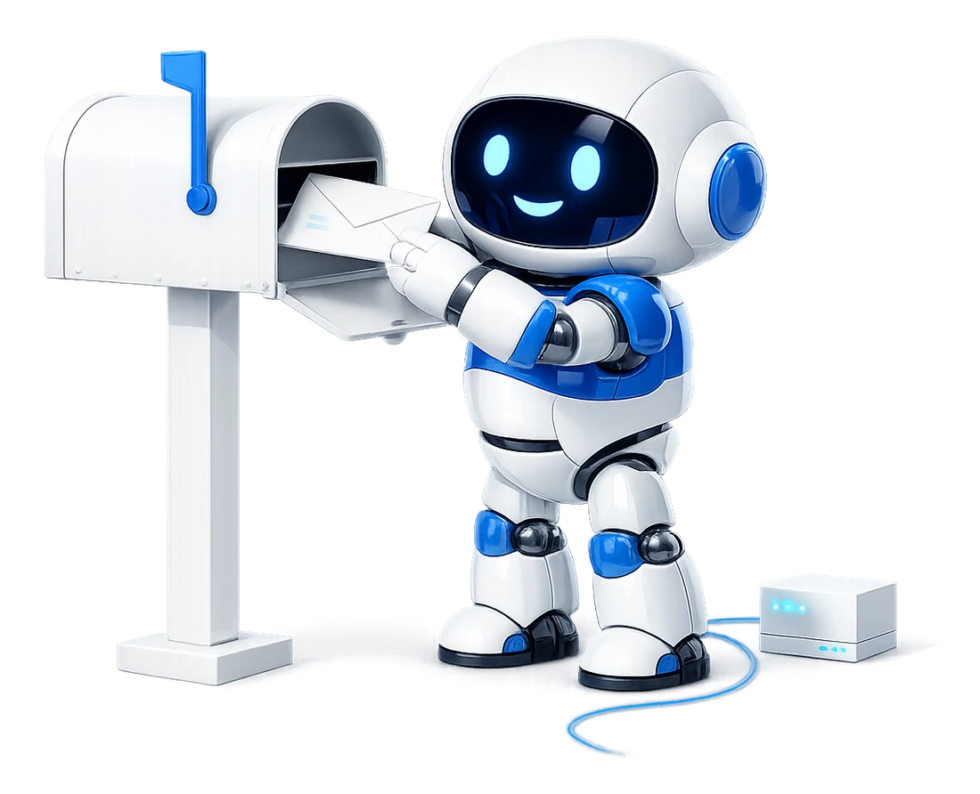 Applying for reviewer access: the robot posting a single letter into a mailbox wired through to a small server.