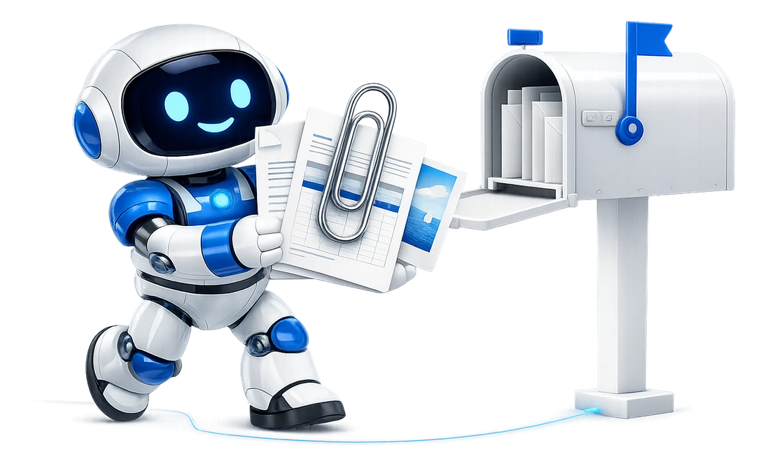 The robot carrying a PDF page, a spreadsheet and a photo, clipped together with a giant paperclip, straight into an open mailbox.