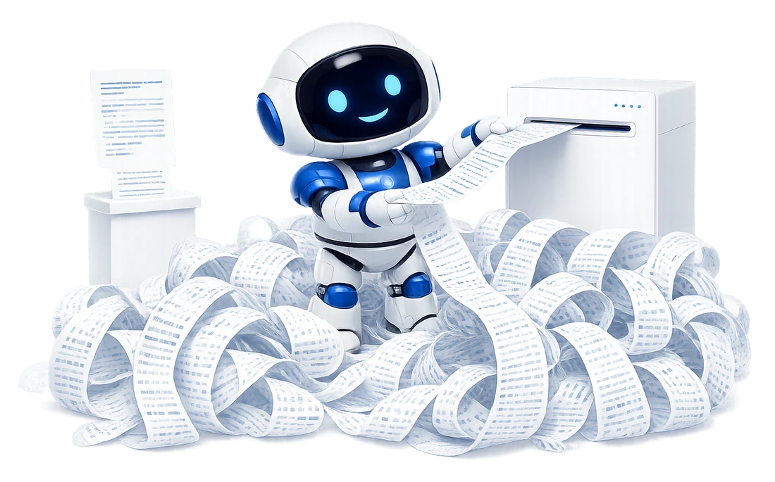 The robot knee-deep in coils of paper tape covered in code, trying to feed it into a narrow slot, while the small page it came from sits on a stand.