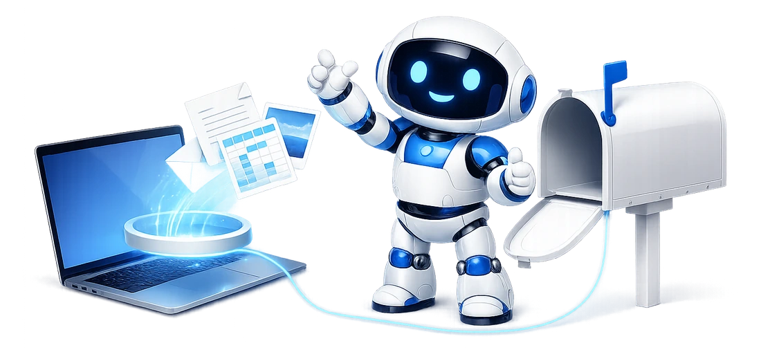 Documents lifting off a laptop screen into a glowing drop tray, a cable carrying them into an open mailbox, the robot giving a thumbs-up.