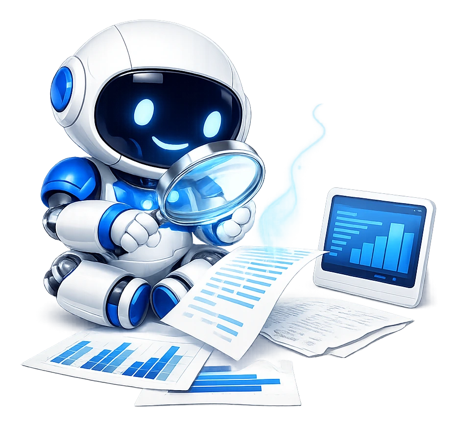 The robot reading a document through a magnifying glass, a spreadsheet and a slide spread out beside him, what he reads flowing to a tablet.