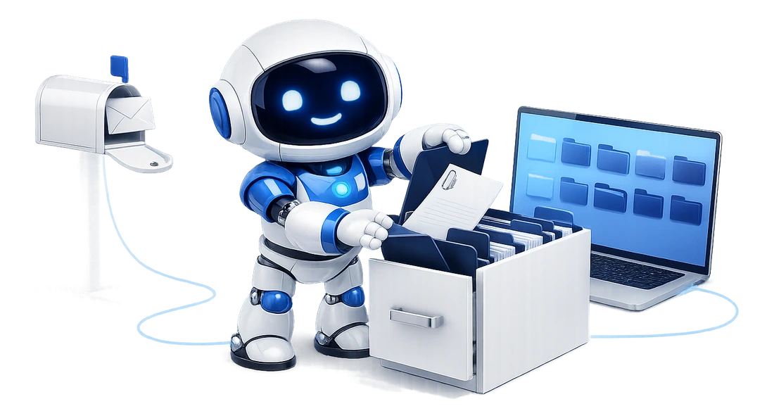 The robot filing a paperclipped document from a mailbox into an open desk drawer, beside a laptop showing folders.