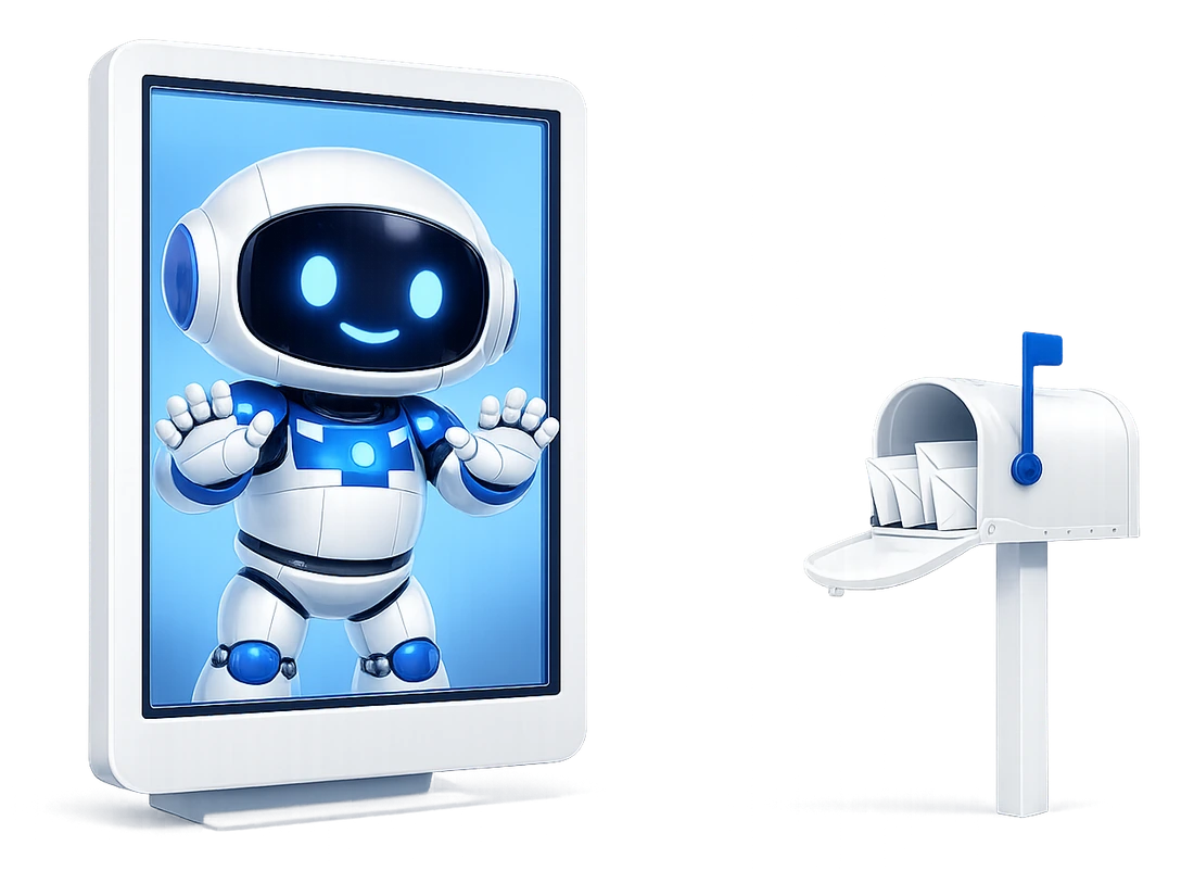 The chat box ceiling on an AI subscription: the robot stuck inside a screen with both hands pressed against it, and a mailbox standing out of reach beside it.
