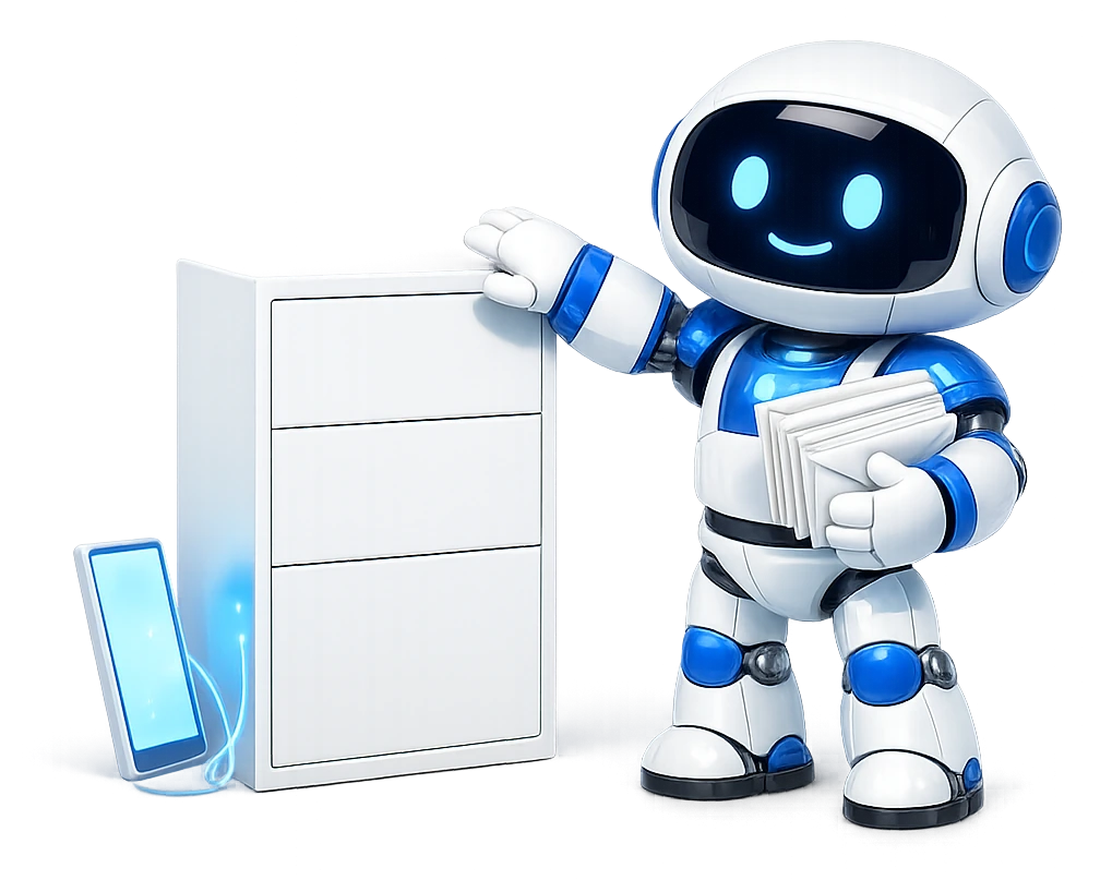 A tool the connection's level does not reach: the robot hugging a bundle of letters at a filing cabinet whose drawers have no handles.