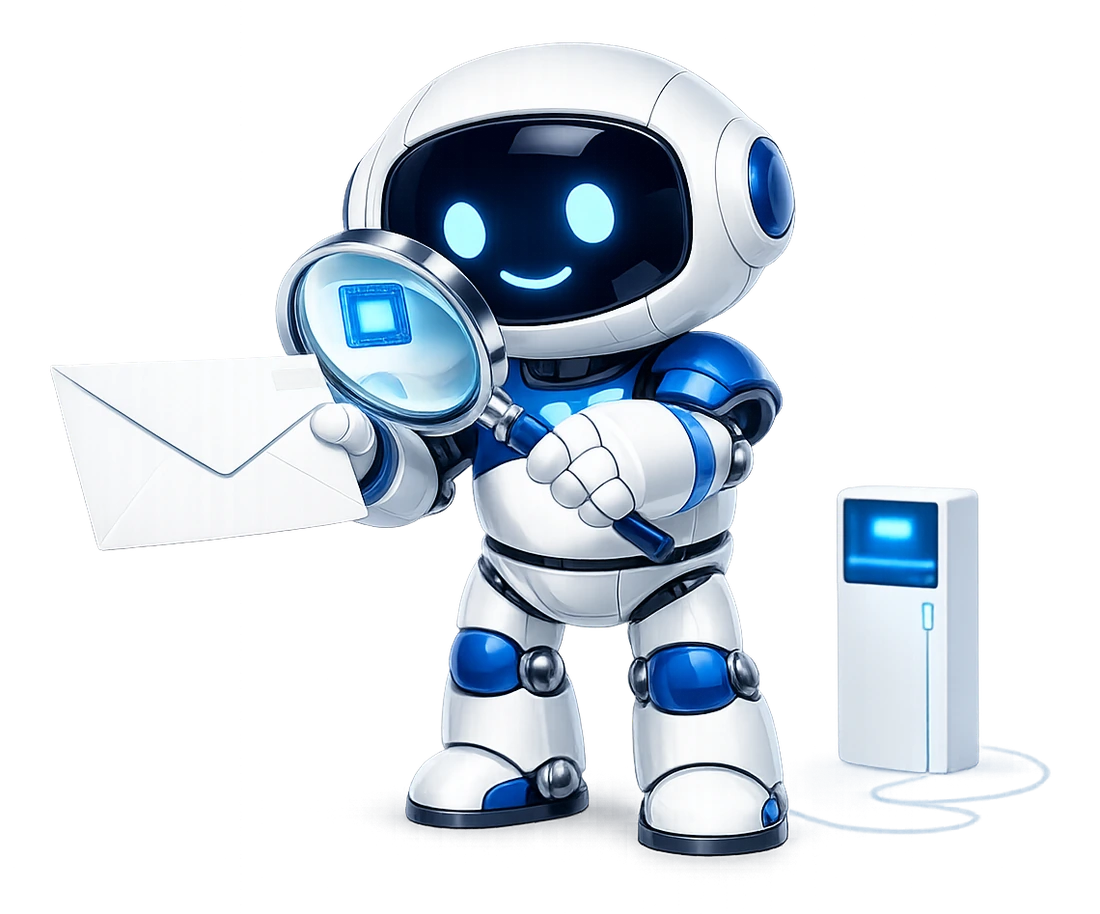 Checking who a message is really from: the robot holding a magnifying glass over the lit sender tag on an envelope, a small glowing panel beside him.