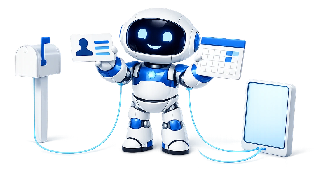 Connecting a CardDAV address book and a CalDAV calendar to an AI assistant: the robot holding up a contact card and a calendar page, a glowing cable running from each of them and from the mailbox beside him into one screen.