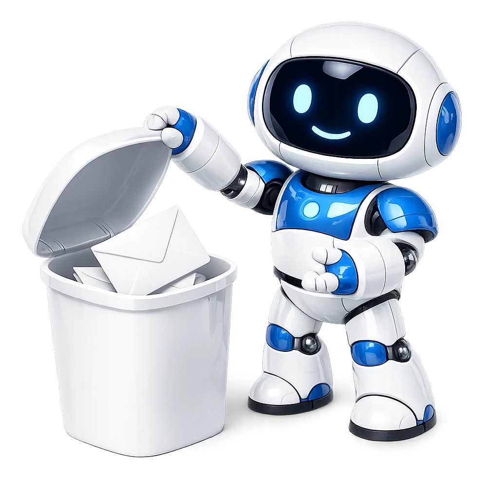 Deleting an email moves it to Trash rather than erasing it: the robot dropping a letter into an open bin and holding the lid up so it can be taken back out.