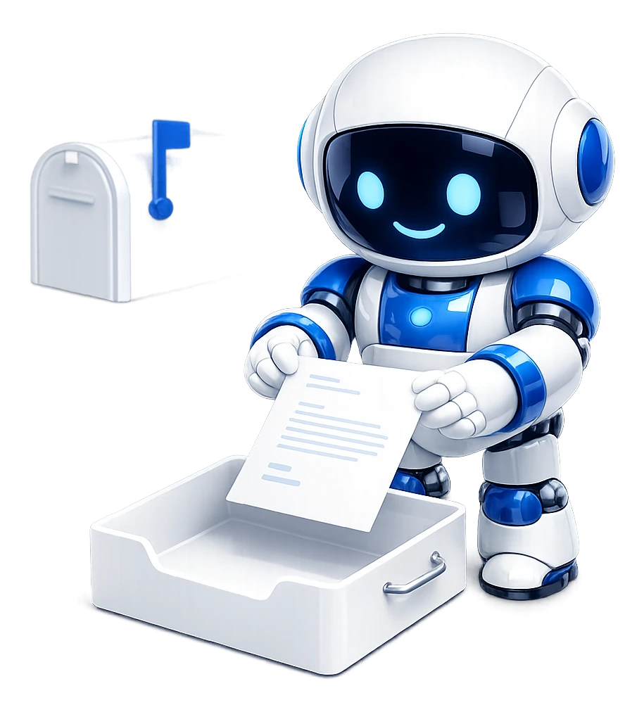 Drafting an email reply before sending it: the robot holding a written page over an open Drafts tray, pausing rather than posting it.