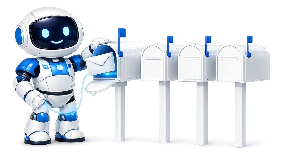 What connecting an AI to email actually exposes: the robot beside one open mailbox while three other closed mailboxes stand untouched behind him.