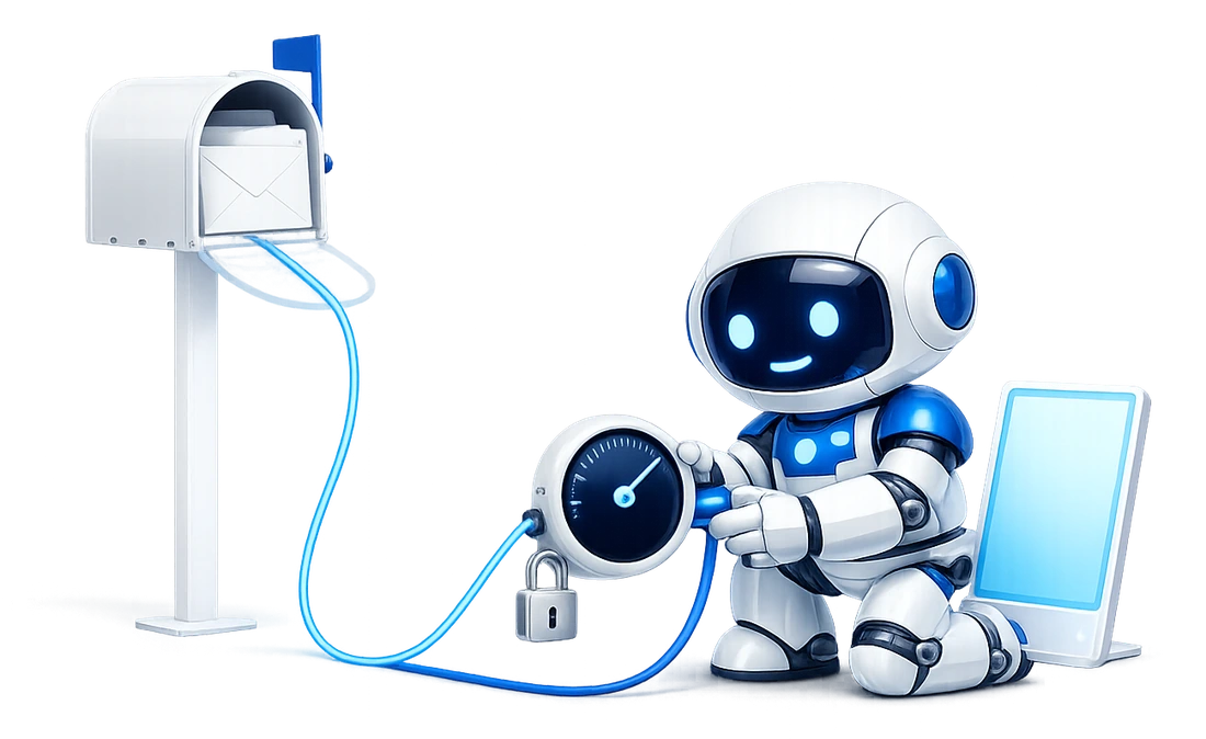 The mailbox limit under every AI connection: the robot kneeling to fit a small gauge with a padlock hanging from it onto the cable that runs from a mailbox to a screen, the cable lit bright on the mailbox side.