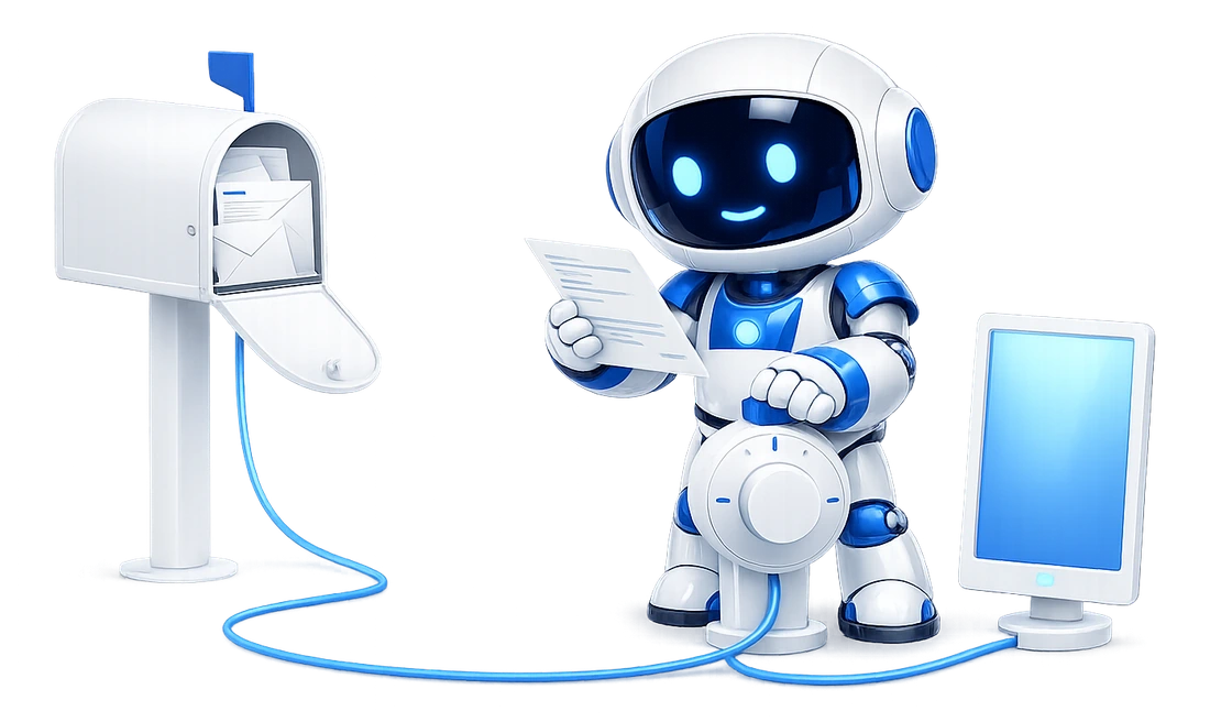 What an AI can do with your email, and how much you let it: the robot reading a letter from an open mailbox with one hand on a dial that has 3 notches, set on the cable that runs from the mailbox to a screen.