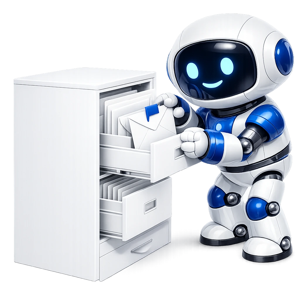 Moving an email between folders without changing it: the robot placing a letter into one of several open filing drawers.