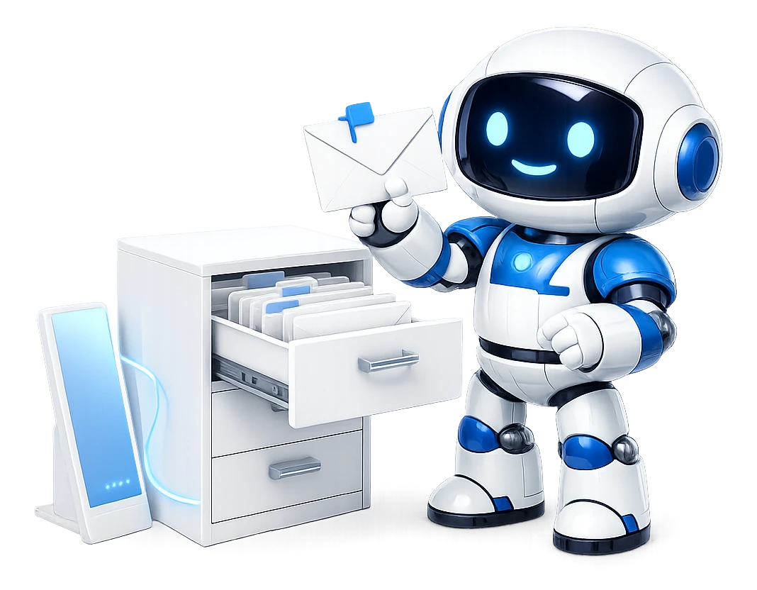 Filing and flagging email from an AI client: the robot holding a letter with a blue flag tab at an open filing drawer full of folders.