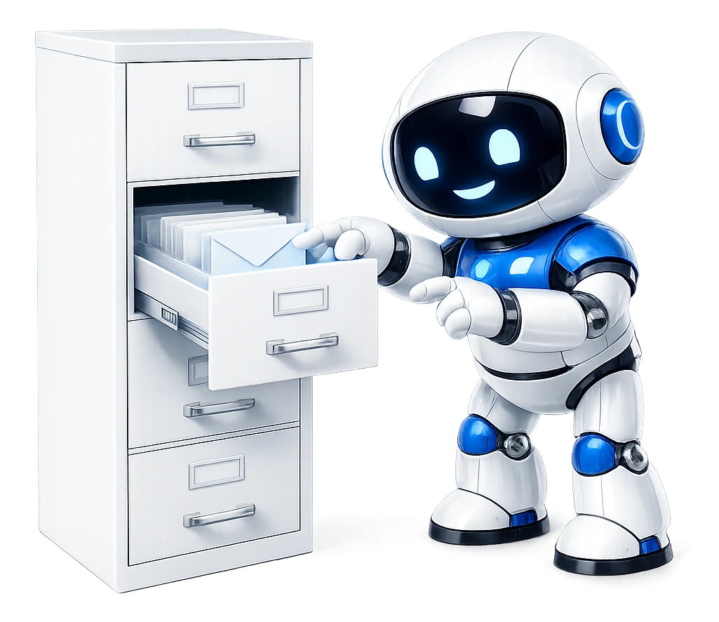 Naming the likely mail folder first: the robot pointing into one open drawer of a four-drawer filing cabinet.