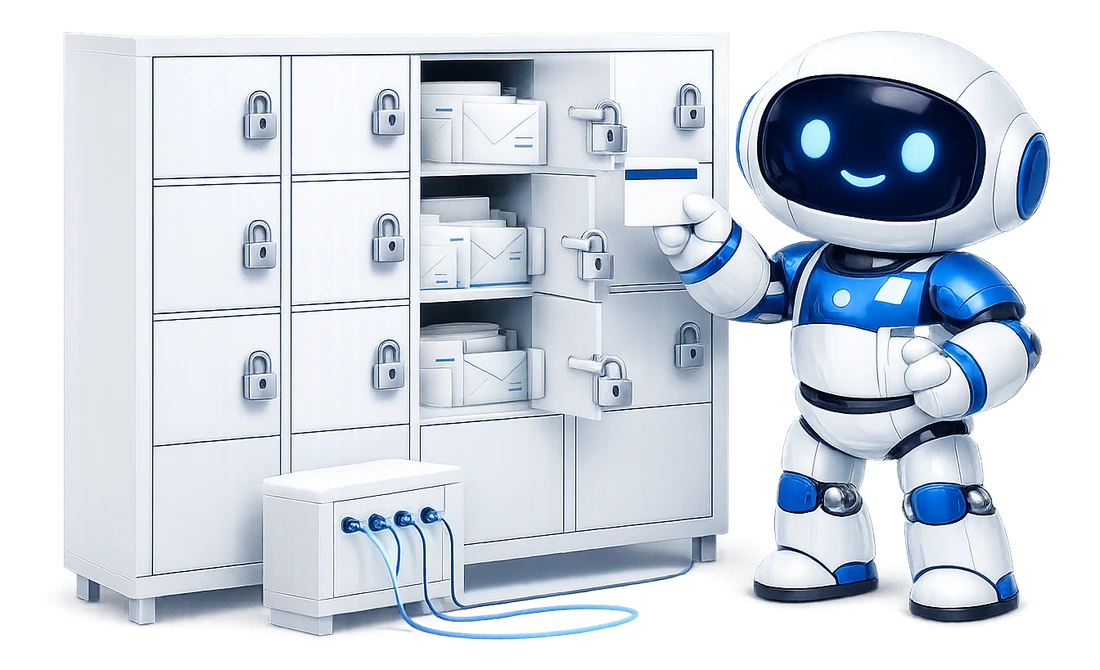Access control over a set of mailboxes: the robot holding a key card up to a cabinet of padlocked lockers, 3 of the doors unlocked and open with envelopes inside, the rest shut, most of them padlocked, and a patch panel wired to the cabinet beside him.