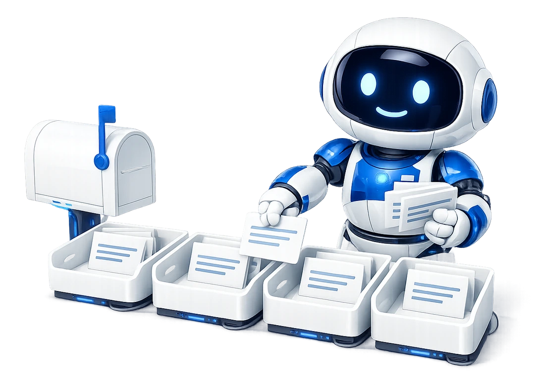 The kinds of email reply worth automating: the robot sorting written reply cards into four separate trays.