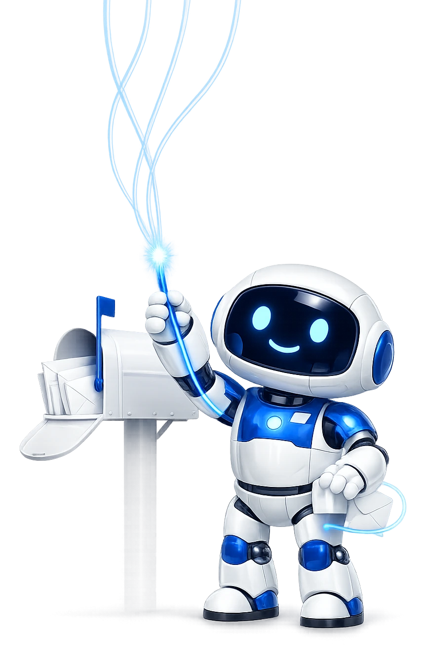 Can Claude read my email: the robot holding one of 4 glowing connections rising out of a single open mailbox.