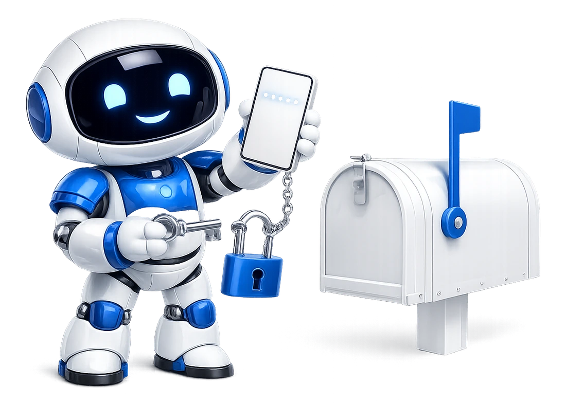 Adding a phone or authenticator app unlocks Gmail app passwords: the robot holding up a device showing a code while a padlock releases a key.