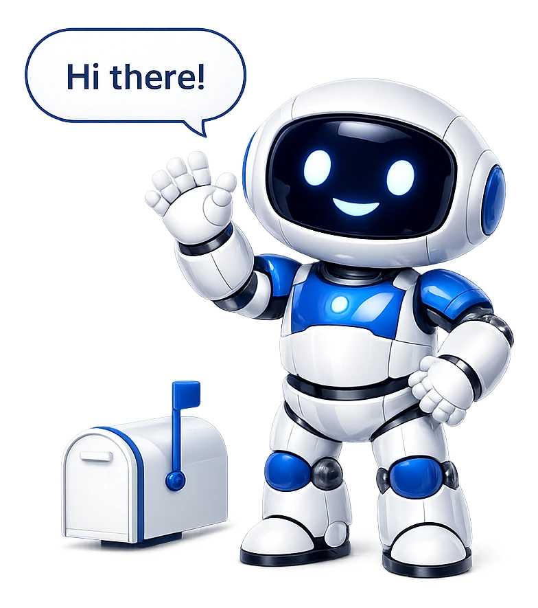 Mailbox MCP introduces itself: the robot waving hello beside a closed mailbox, with a speech bubble reading "Hi there!".