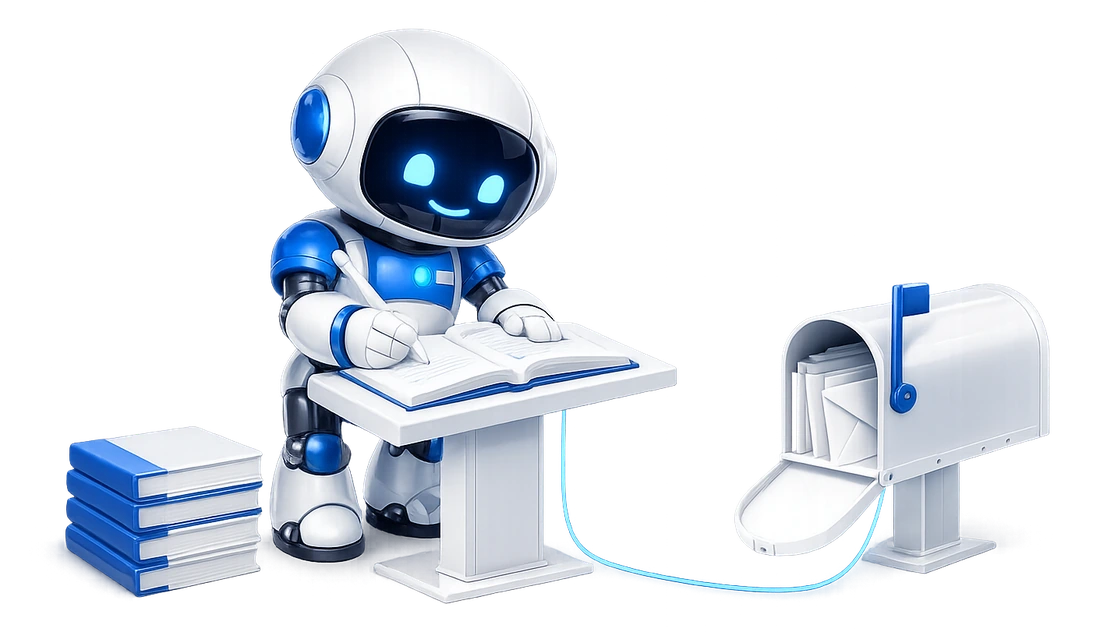 How the Mailbox MCP guides were written: the robot taking notes at a lectern beside a stack of volumes, wired to an open mailbox full of letters.
