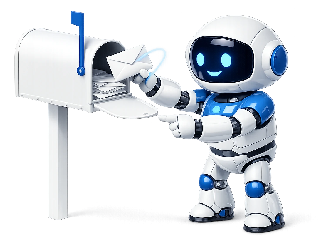What an MCP server gives an AI assistant: the robot standing at an open mailbox, lifting a letter out on a glowing connection.