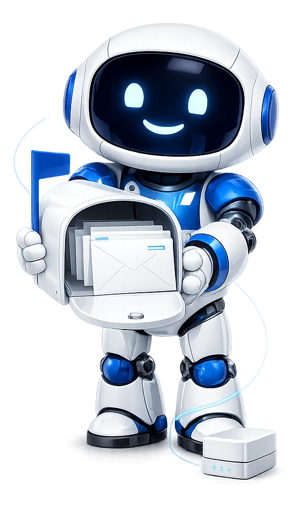 Reviewer access to Mailbox MCP: the robot holding an open mailbox out towards the reader, letters standing up inside it.