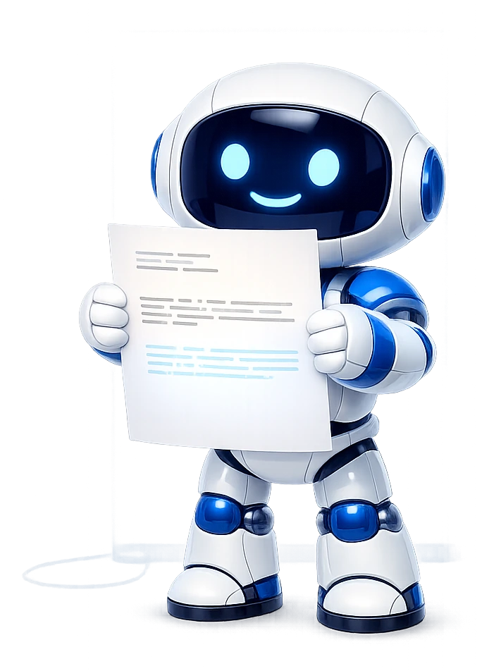 Text hidden in an email: the robot holding a sheet of paper up to a light, ordinary grey writing at the top and a second block of faint blue writing revealed lower down.