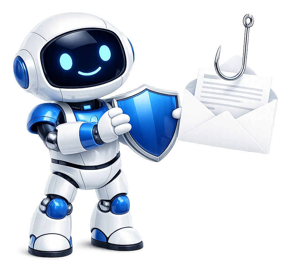 The robot holding an opened letter at arm's length with a fish hook rising out of the envelope, a shield raised between himself and it.
