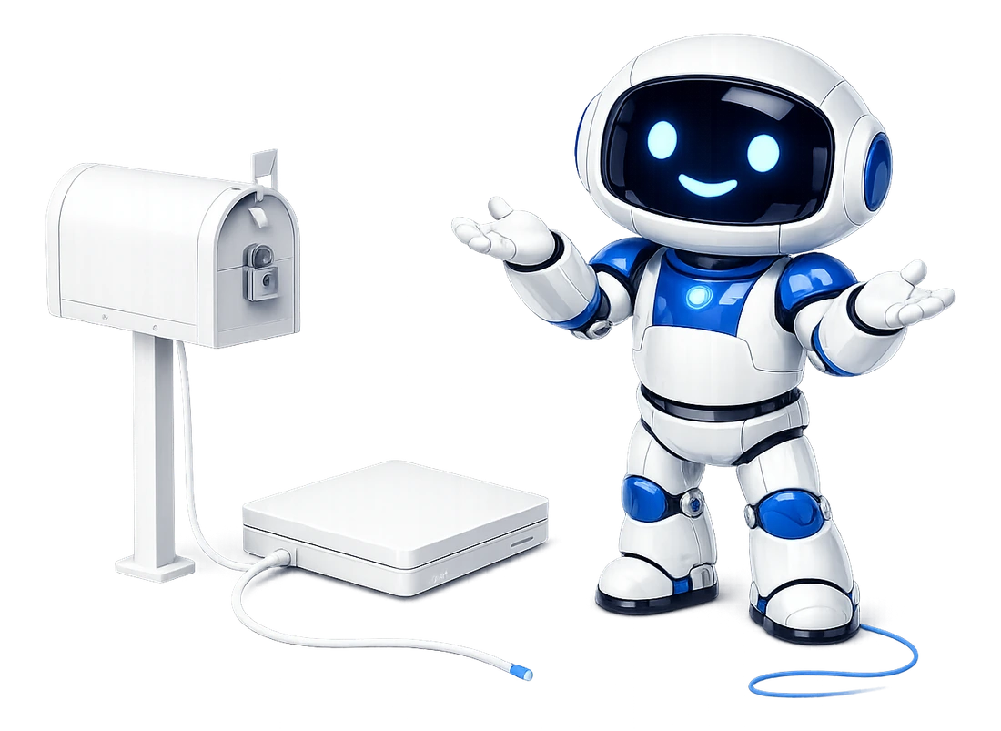 IMAP providers Mailbox MCP cannot connect to: the robot beside a mailbox that is wired only to a laptop on a desk, shrugging.
