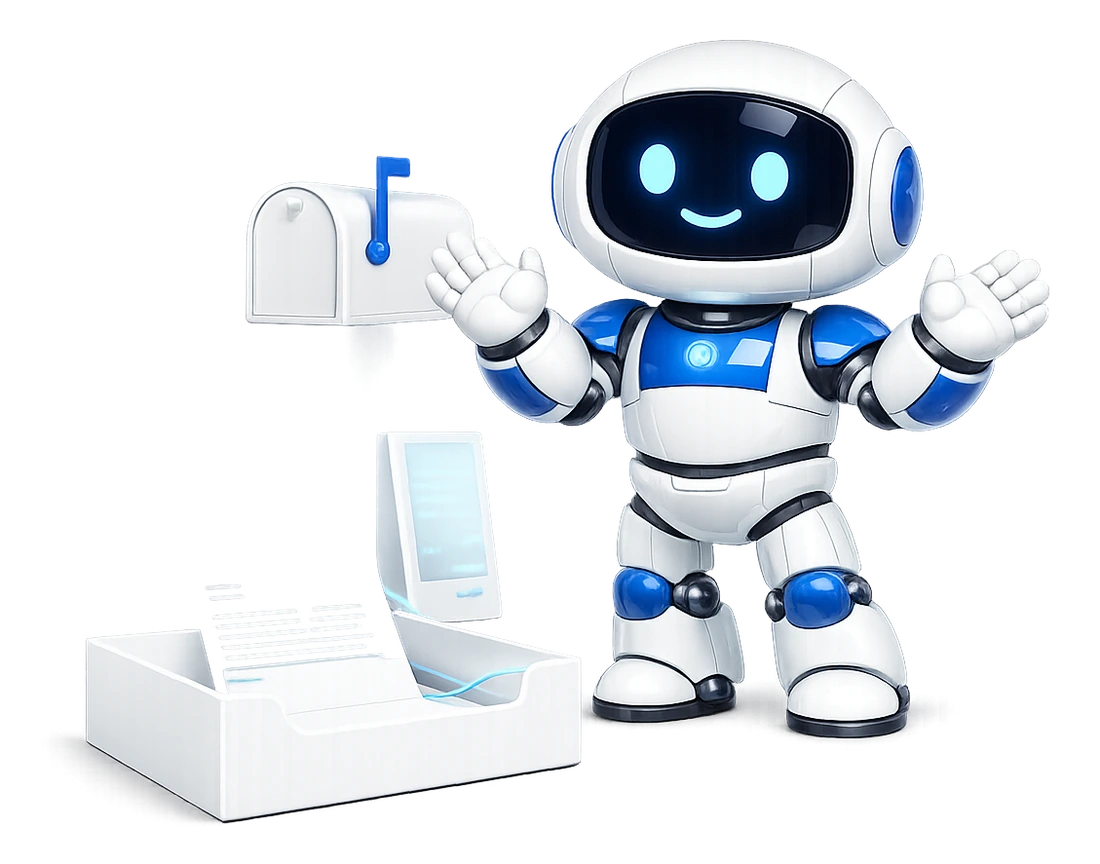 A reply waiting for the owner to send it: the robot with both palms up beside a tray holding a written letter, with a small screen and a mailbox behind it.