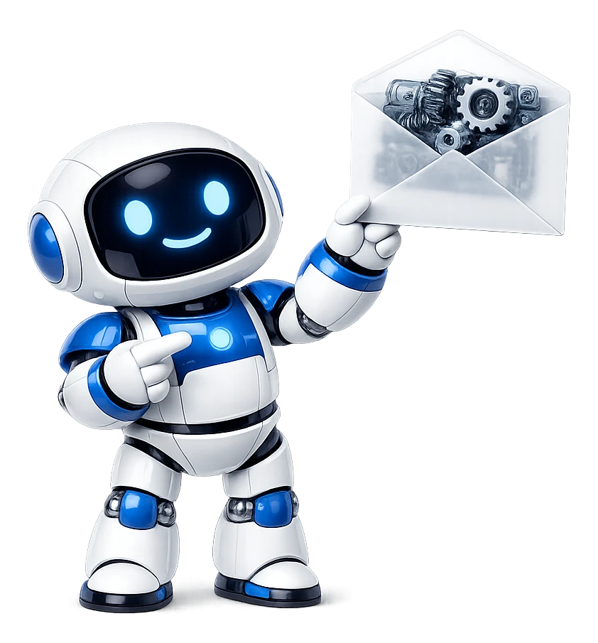 An attachment that is not what it claims: the robot holding up a see-through envelope with chrome cogs and a spring inside it instead of a letter, pointing at them.