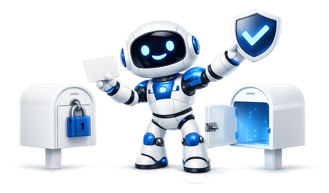 Why a password cannot open a Microsoft 365 mailbox: the robot turning away a password card at a padlocked mailbox and holding up a sign-in badge instead.