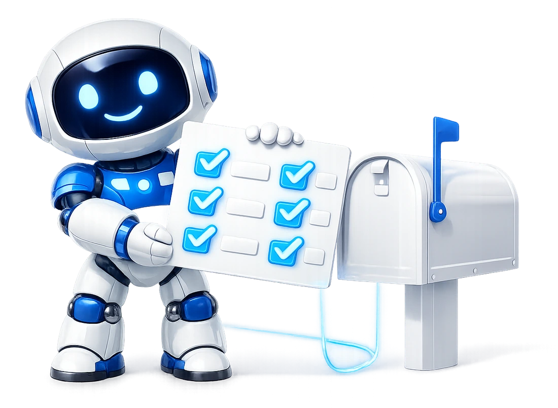 Delegated permissions on one mailbox: the robot holding up a board with 6 ticked boxes beside a closed mailbox, a cable running from the board to the mailbox.