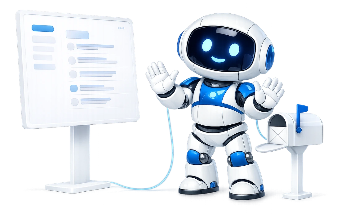 An email MCP server is not a mail client: the robot stepping back from a screen showing a message list, holding the cable to the mailbox instead.
