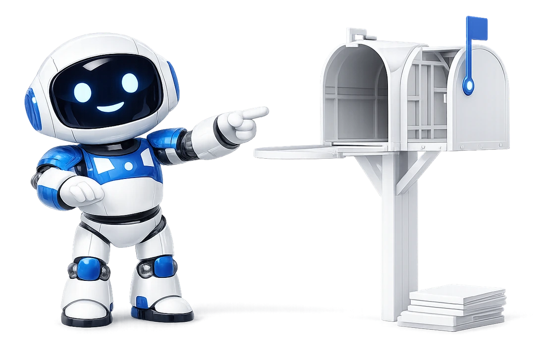 How an AI client decides which mail tools need permission: the robot pointing into an open mailbox with the post stacked beside it, reading and touching nothing.