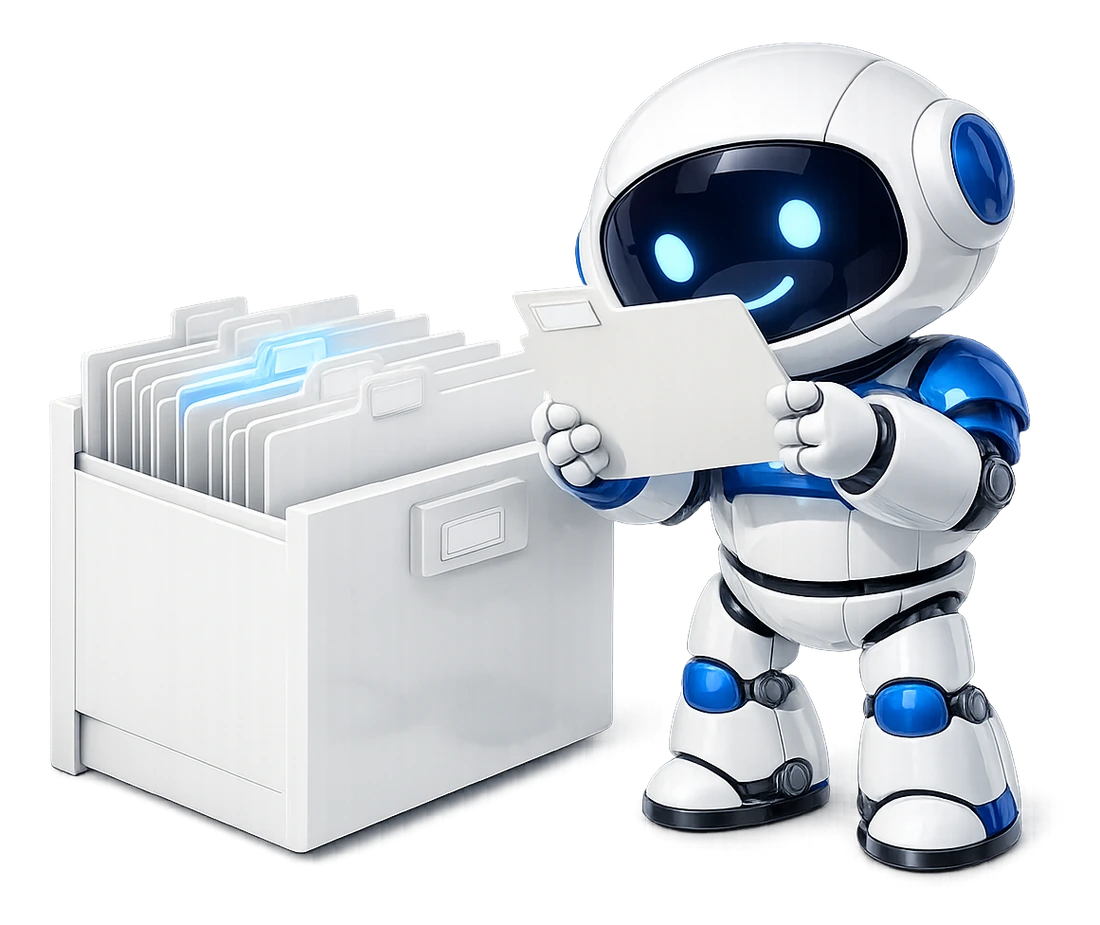 Why IMAP folder names look wrong: the robot holding a file folder up close and studying its blank label, puzzled.
