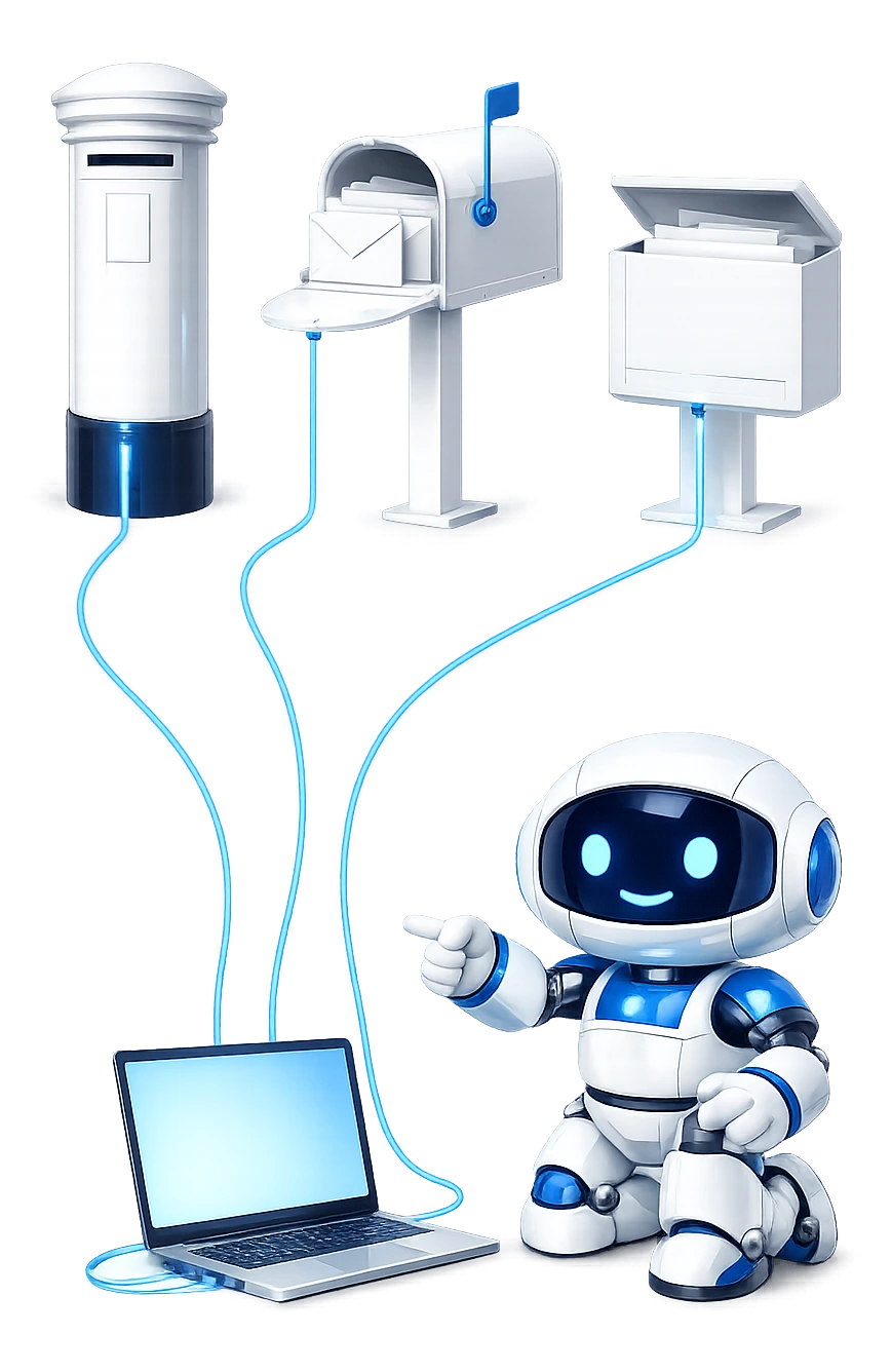Multiple email accounts in Claude: the robot kneeling by a laptop and pointing back at a pillar box, a home mailbox and an office letterbox, each with its own glowing cable running into the laptop.