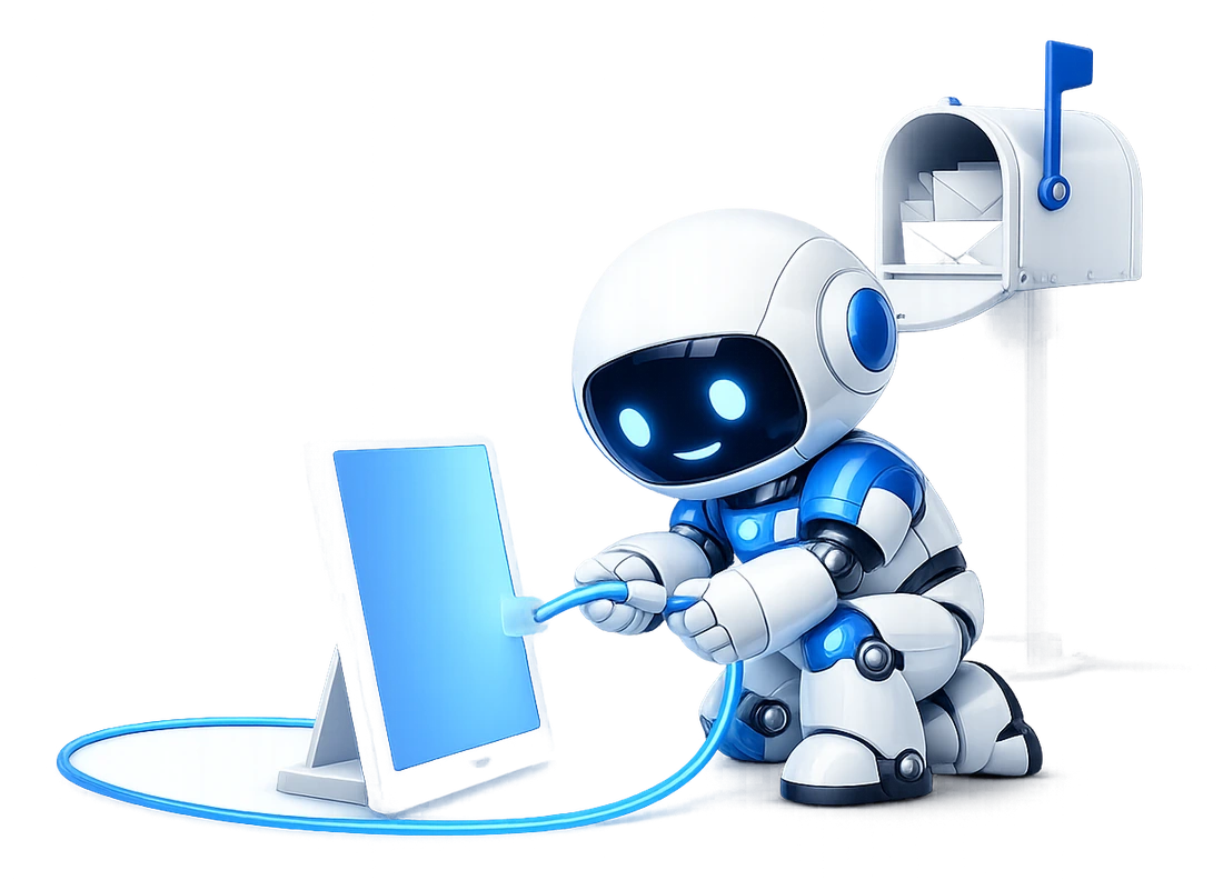 Adding Mailbox MCP to an AI app: the robot kneeling to plug a single glowing cable from an open mailbox into the port of a screen.